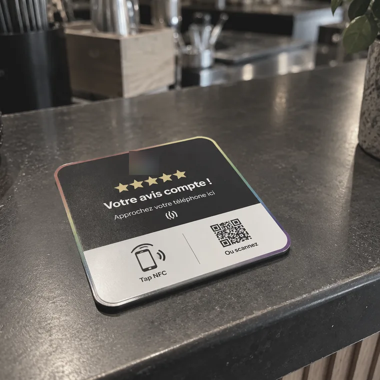 Plaque NFC d’avis Google posée sur le comptoir d’un commerce, passant inaperçue